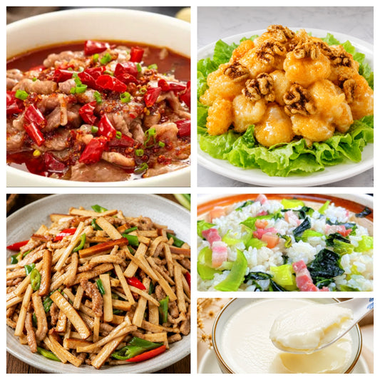 8月18日 周二麻辣鲜香：水煮牛肉🌶️、核桃虾、西芹炒香干、上海菜饭（赠品：双皮奶）