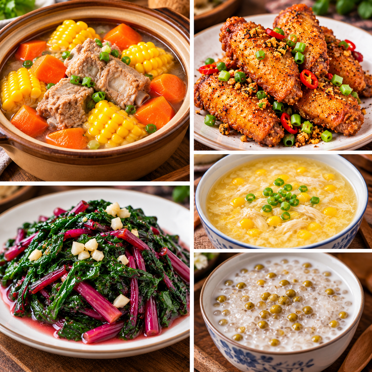 10月05日 周一家乡菜：玉米胡萝卜排骨煲、椒盐鸡翅、蒜蓉红苋菜、鸡茸玉米羹（赠品：绿豆西米露）