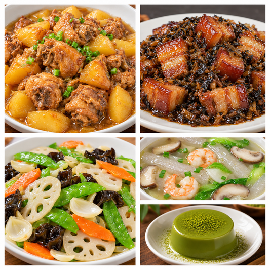 11月02日 周一家乡菜：土豆炖鸡块、梅菜烧肉、荷塘小炒、三鲜魔芋汤（赠品：抹茶冻）