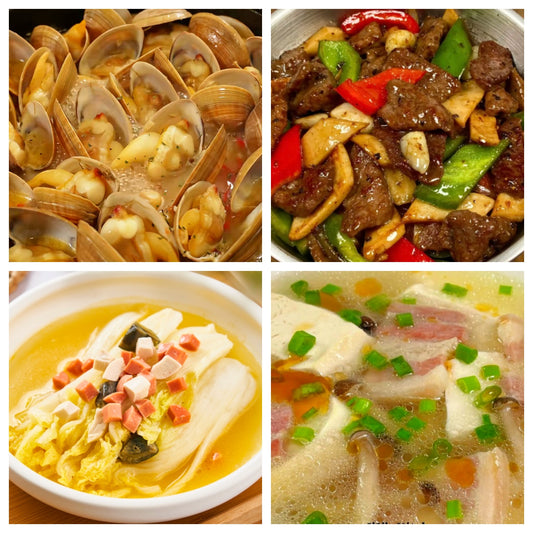 02月19日 周四经典回归：蒜香黄油蛤蜊、蚝油杏鲍菇炒肉片、上汤奶白菜、荠菜咸肉雷笋豆腐汤