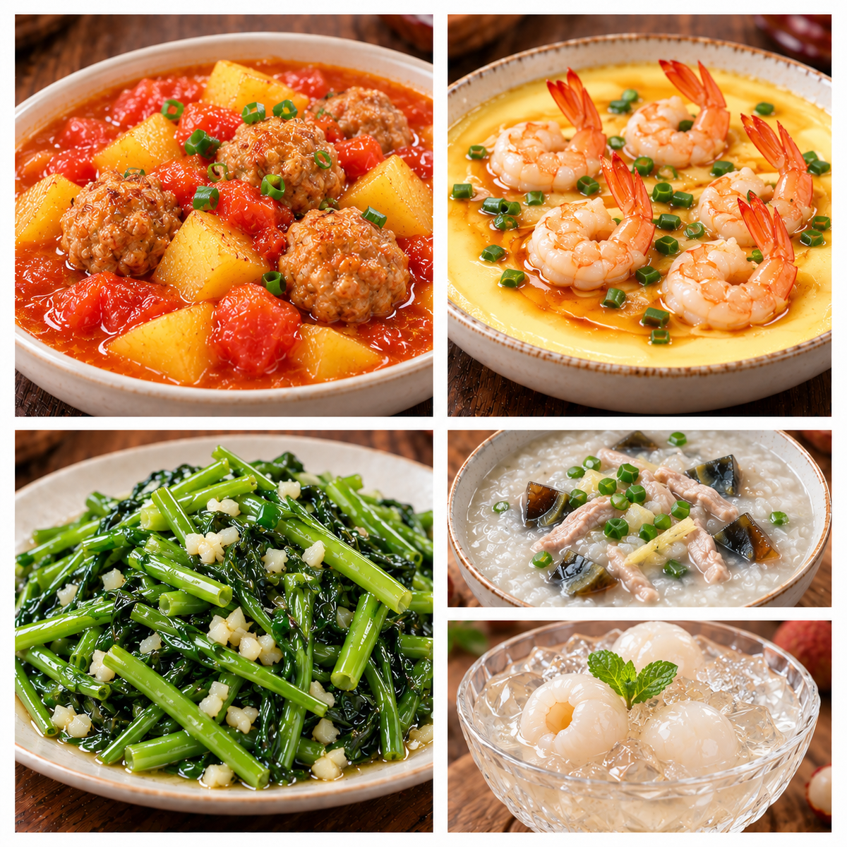 9月30日 周三家乡菜：番茄土豆炖肉丸子、凤尾虾蒸蛋、蒜蓉水空心菜、皮蛋瘦肉粥（赠品：荔枝冰粉）