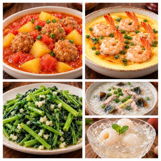 9月30日 周三家乡菜：番茄土豆炖肉丸子、凤尾虾蒸蛋、蒜蓉水空心菜、皮蛋瘦肉粥（赠品：荔枝冰粉）
