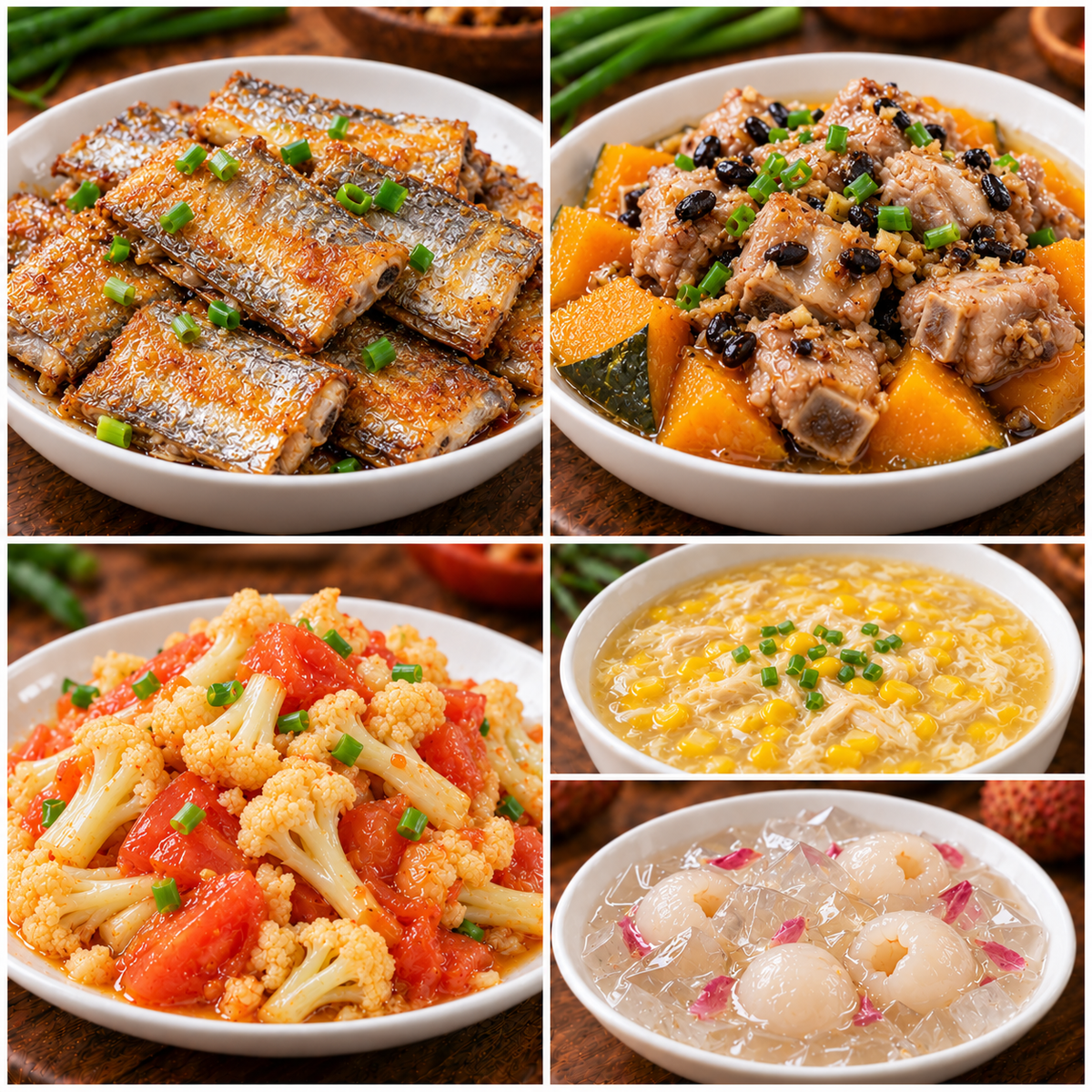 10月28日 周三家乡菜：香煎带鱼、豉汁南瓜蒸排骨、番茄炒花菜、鸡茸玉米羹（赠品：荔枝冰粉）