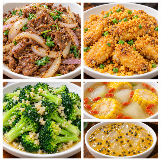 11月04日 周三家乡菜：孜然洋葱牛肉、咸蛋黄鸡翅、蒜蓉西兰花、枸杞玉米冬瓜汤（赠品：百香果冰粉）