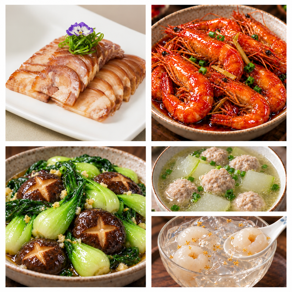 10月07日 周三家乡菜：酱香肘花、油焖大虾、香菇油菜、冬瓜肉丸汤（赠品：荔枝冰粉）