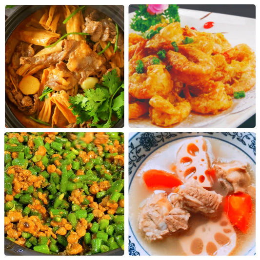 Tuesday, August 5th: Original Flavor Food: Cantonese Pepper and Bean Curd Beef Pot, Salted Egg Yolk Prawns, Minced Pork and Cowpeas, Lotus Root and Peanut Pork Rib Soup (with peanuts)