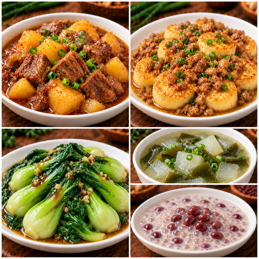 10月30日 周五家乡菜：土豆炖牛肉、肉沫玉子豆腐、蚝油油菜、海带冬瓜汤（赠品：红豆西米露）
