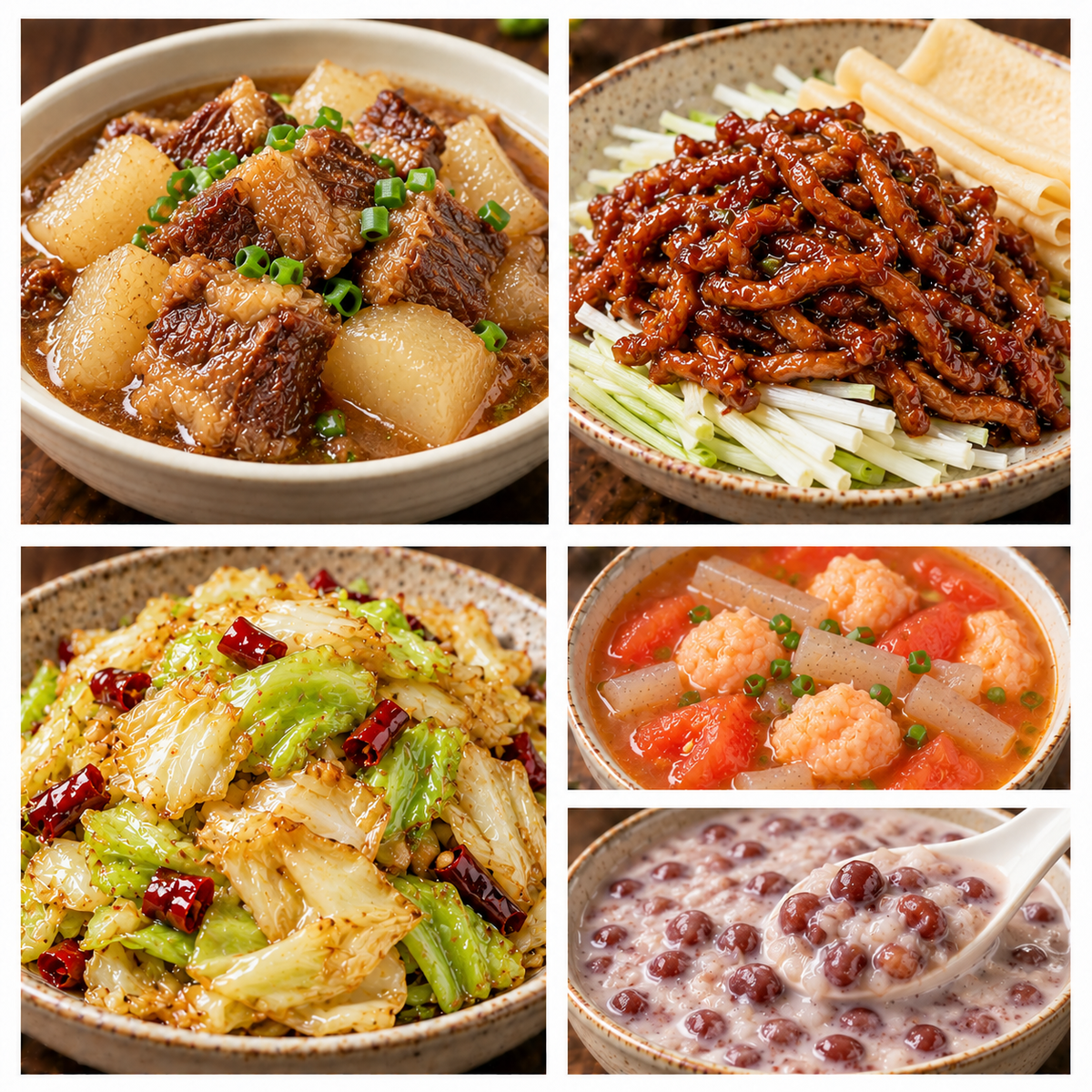 10月09日 周五家乡菜：萝卜炖牛腩、京酱肉丝、手撕包菜、番茄魔芋虾滑汤（赠品：椰汁红豆粥）