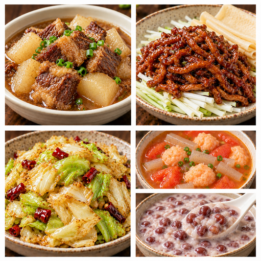 10月09日 周五家乡菜：萝卜炖牛腩、京酱肉丝、手撕包菜、番茄魔芋虾滑汤（赠品：椰汁红豆粥）
