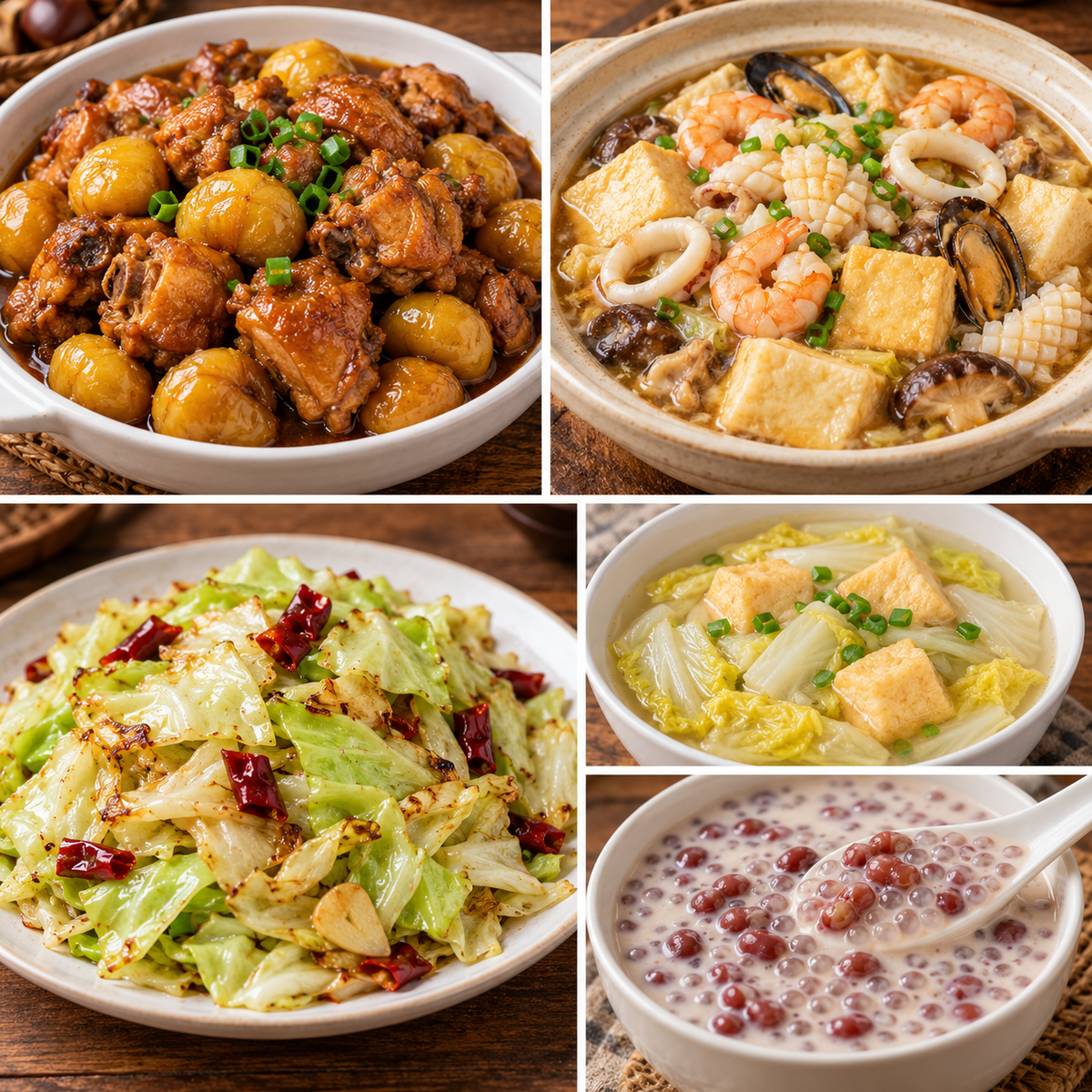 10月23日 周五家乡菜：板栗鸡、海鲜豆腐煲、手撕包菜、鱼豆腐白菜汤（赠品：红豆西米露）