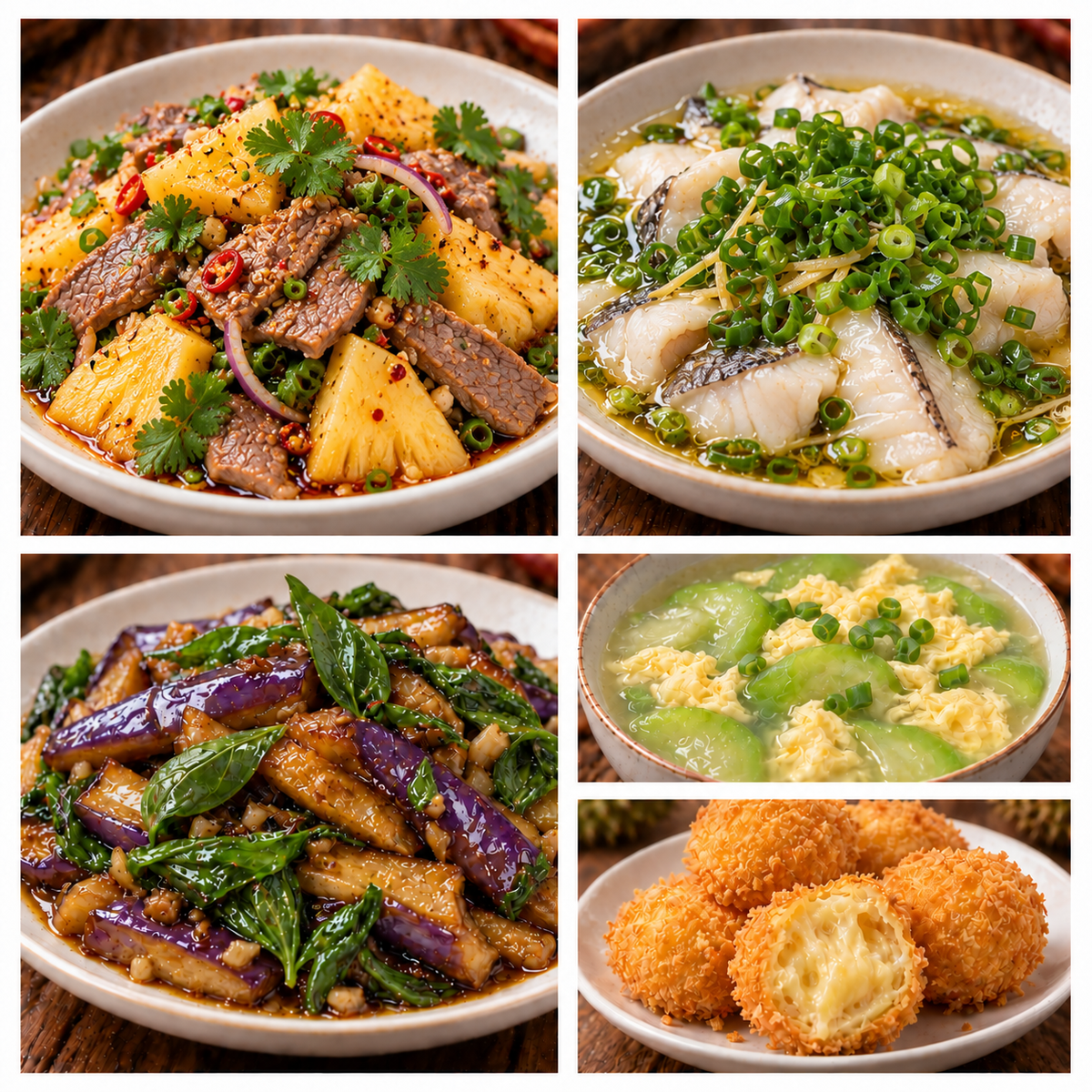10月01日 周四麻辣鲜香：菠萝拌牛肉🌶️、葱油鱼片、九层塔茄子、丝瓜蛋汤（赠品：炸榴莲球）