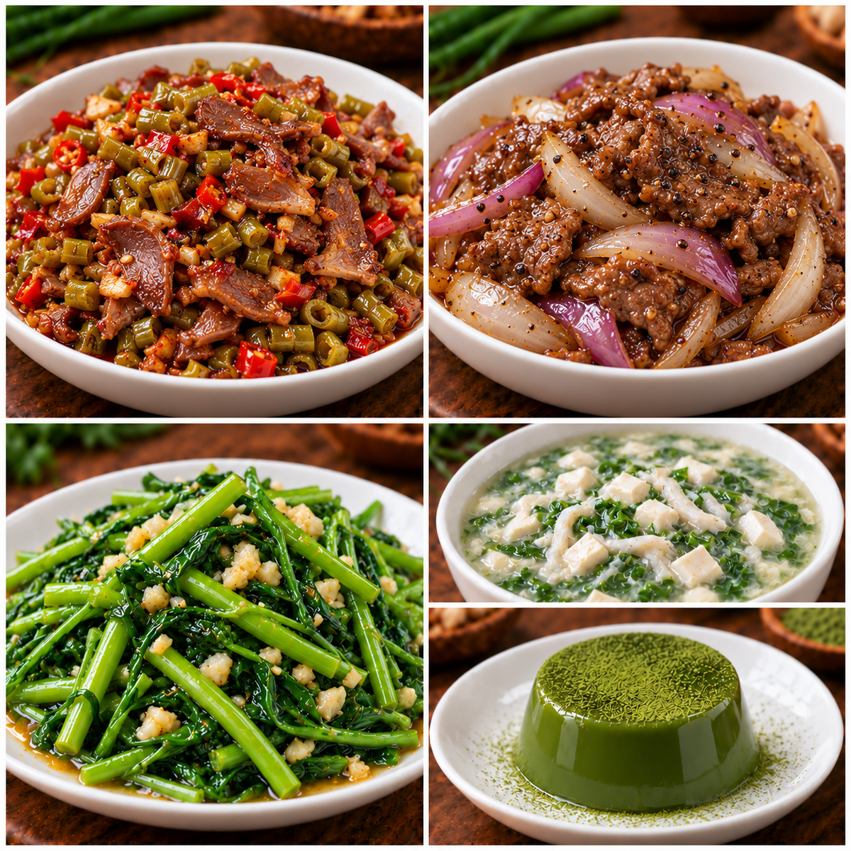 10月29日 周四麻辣鲜香：酸豆角鸡胗🌶️、洋葱黑椒牛肉、蒜蓉水通菜、荠菜鱼丝豆腐羹（赠品：抹茶冻）