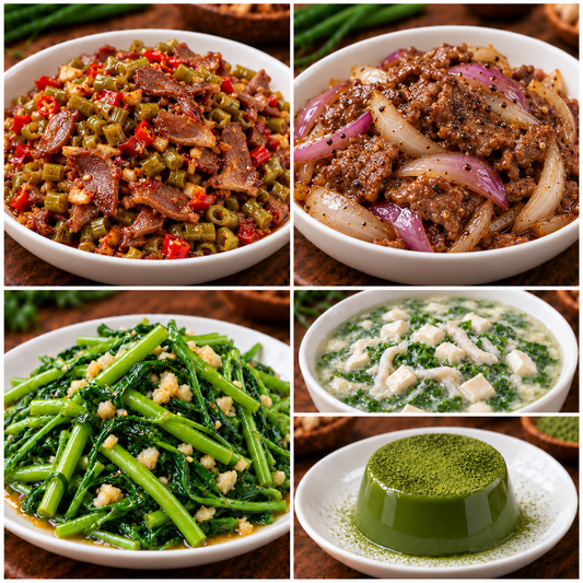 10月29日 周四麻辣鲜香：酸豆角鸡胗🌶️、洋葱黑椒牛肉、蒜蓉水通菜、荠菜鱼丝豆腐羹（赠品：抹茶冻）