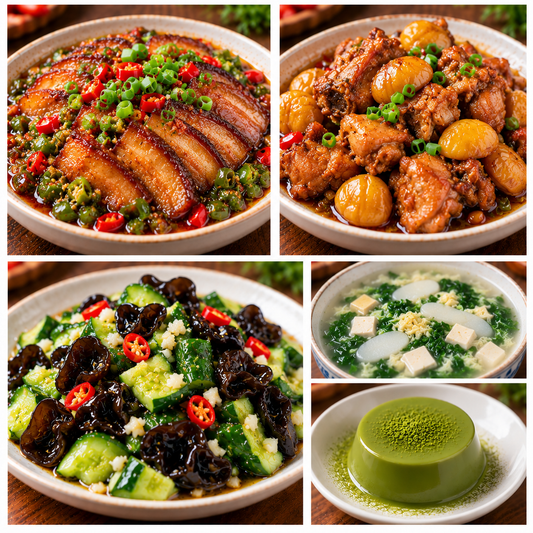 10月15日 周四麻辣鲜香：擂辣椒扣肉🌶️、板栗烧鸡、黄瓜拌木耳、荠菜山药豆腐汤（赠品：抹茶冻）