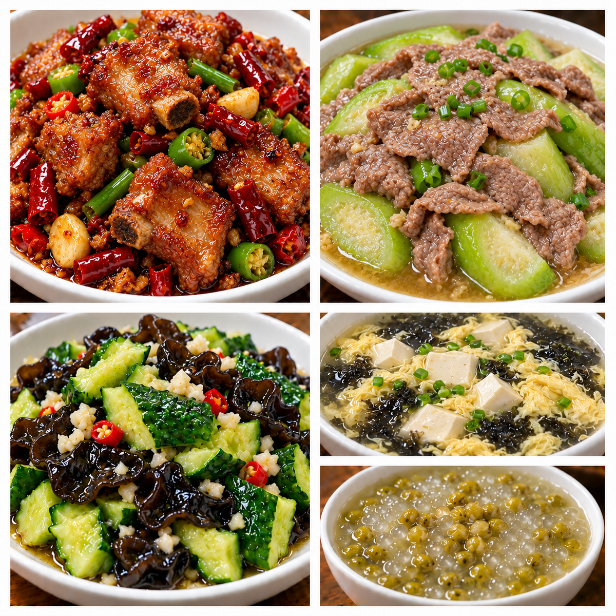 11月05日 周四麻辣鲜香：香辣排骨🌶️、丝瓜蒸牛肉、黄瓜拌木耳、紫菜蛋花豆腐汤（赠品：绿豆西米露）