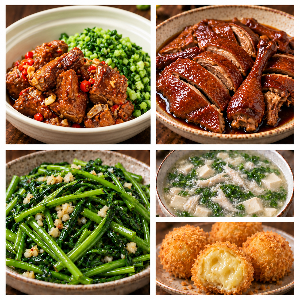 10月08日 周四麻辣鲜香：捞菜排骨🌶️、上海酱鸭、蒜蓉水通菜、荠菜鱼丝豆腐羹（赠品：炸榴莲球）