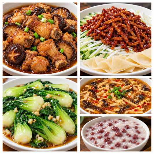 11月03日 周二家乡菜：香菇炖鸡、京酱肉丝、蚝油油菜、酸辣汤（赠品：椰汁红豆粥）