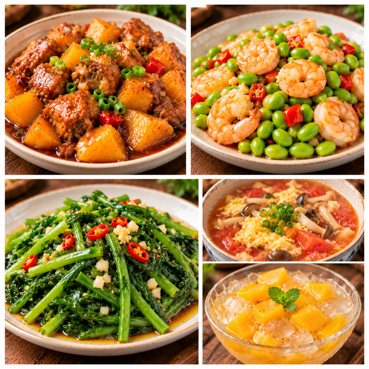 10月13日 周二家乡菜：红烧土豆鸡块、毛豆炒虾仁、蒜蓉水通菜、番茄鸡蛋菌菇汤（赠品：黄桃冰粉）