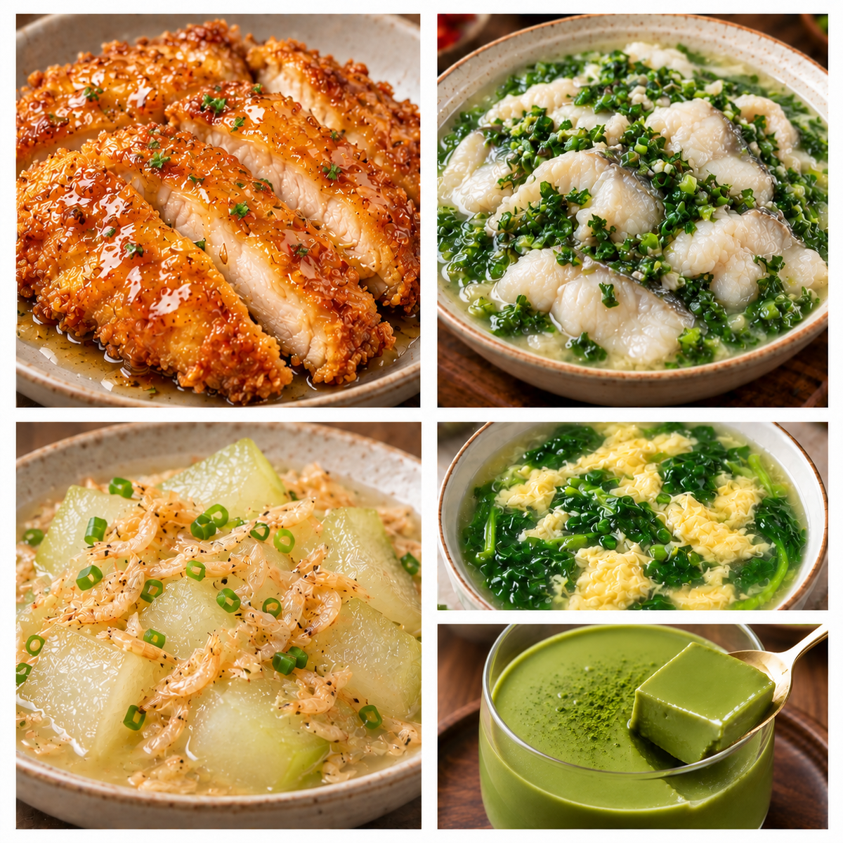 10月06日 周二家乡菜：蜂蜜黄油鸡排、荠菜鱼片、虾皮冬瓜、菠菜鸡蛋汤（赠品：抹茶冻）