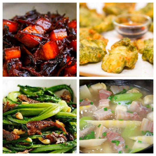 02月24日 周二家乡菜：梅干菜烧肉、苔条鱼片、豆豉鲮鱼炒A菜、腌笃鲜