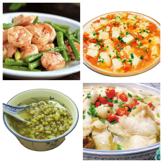 5月21日 周二家乡菜：芦笋大虾、醋溜鱼片、毛豆番茄豆腐、绿豆汤