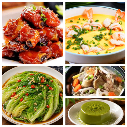 9月01日 周二家乡菜：糖醋小排、凤尾虾蒸蛋、蚝油生菜、双莲筒骨汤（赠品：抹茶冻）
