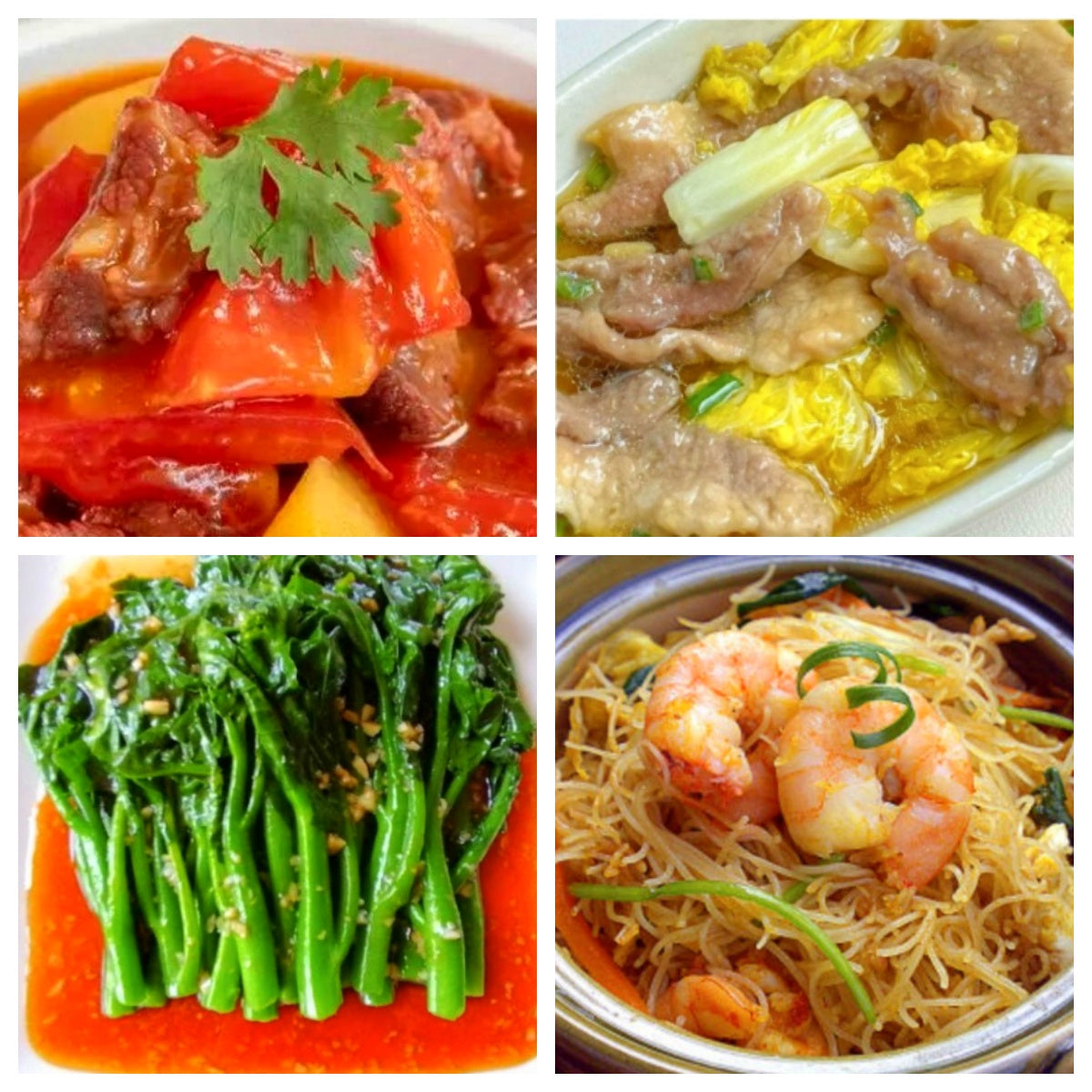 03月31日 周二家乡菜：番茄土豆炖牛腩、娃娃菜蒸肉片、蚝油油菜、海鲜炒米粉