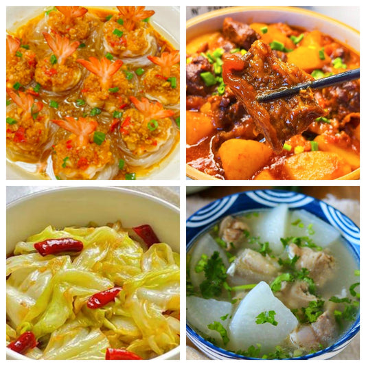 06月09日 周二家乡菜：蒜蓉粉丝蒸大虾、土豆烧牛腩、炝炒包心菜、萝卜筒骨汤