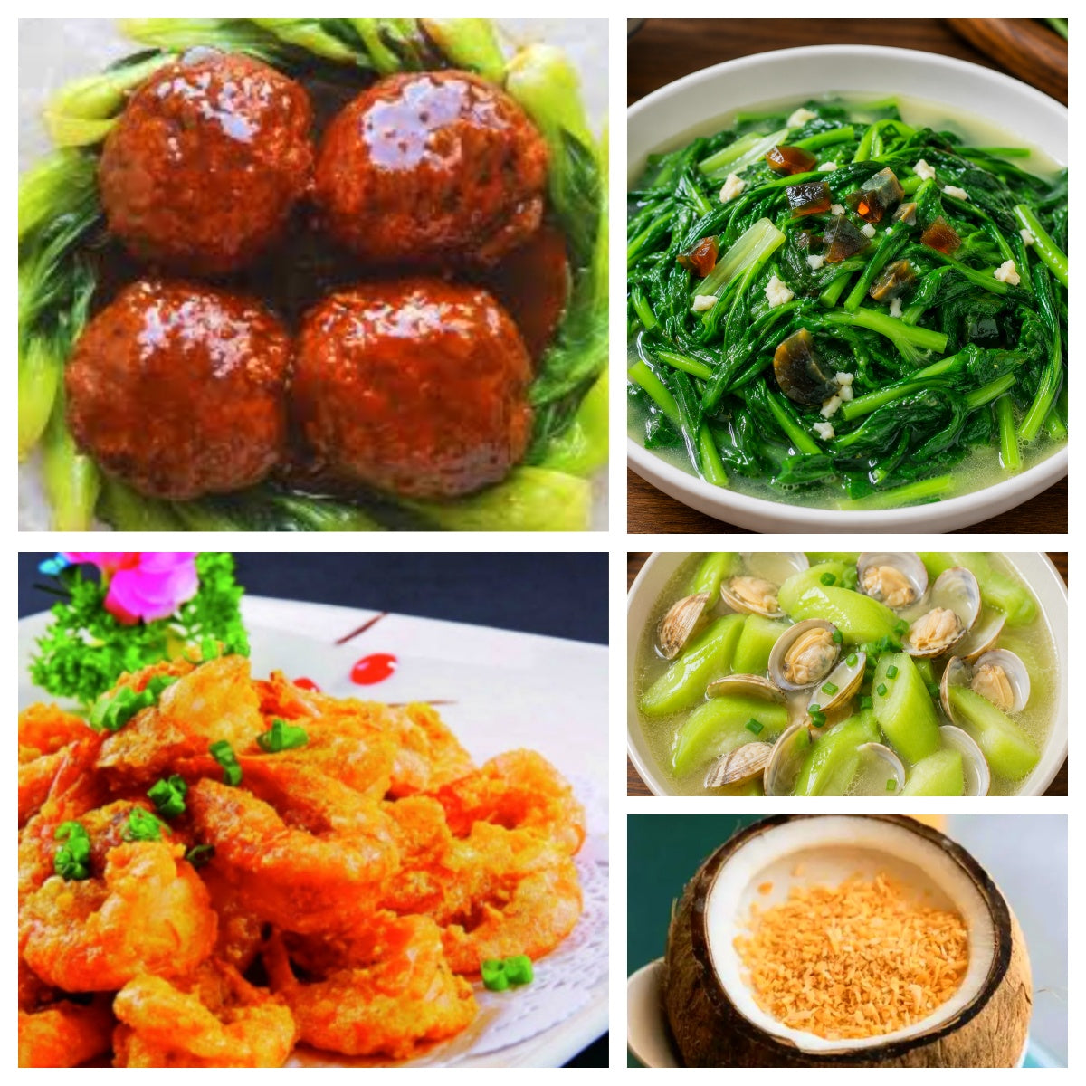 07月14日 周二家乡菜：红烧狮子头、咸蛋黄大虾、上汤菠菜、丝瓜白蚬子汤（赠品：椰子冻）
