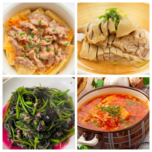 05月05日 周二家乡菜：腐竹蒸嫩肉、南京盐水鸭、蒜蓉红苋菜、罗宋汤