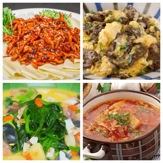 Tuesday, December 16th: Hometown Dishes: Shredded Pork with Sweet Bean Sauce (including duck pancakes/scallions), Scrambled Eggs with Sliced Beef, Spinach in Broth, Borscht