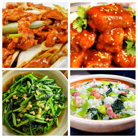 03月03日 周二家乡菜：葱爆羊肉、京都排骨、蒜蓉菠菜、上海菜饭