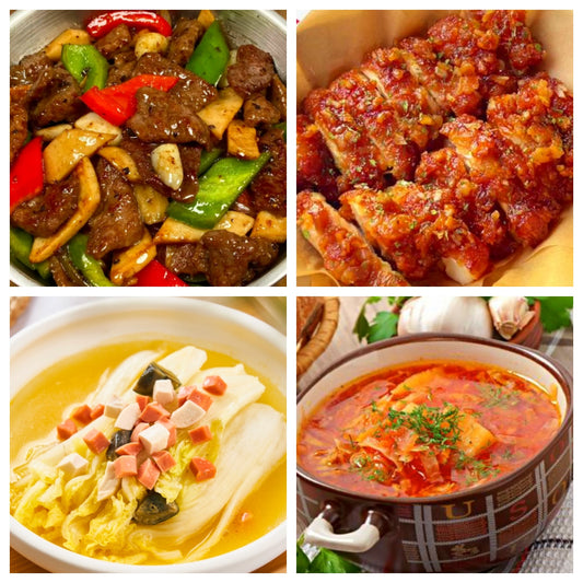 03月17日 周二家乡菜：杏鲍菇炒牛肉、黄油脆皮鸡、上汤娃娃菜、罗宋汤