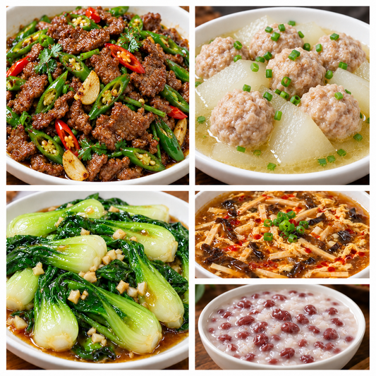 11月03日 周二麻辣鲜香：小炒黄牛肉 🌶️、冬瓜蒸肉丸、蚝油油菜、酸辣汤（赠品：椰汁红豆粥）