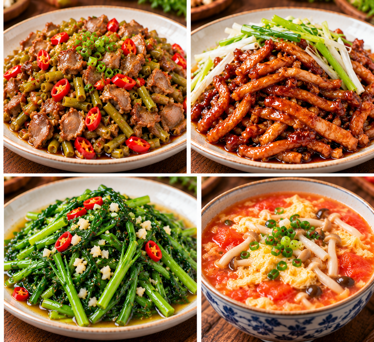 10月13日 周二麻辣鲜香：酸豆角鸡胗🌶️、京酱肉丝、蒜蓉水通菜、番茄鸡蛋菌菇汤（赠品：黄桃冰粉）