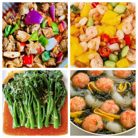 03月14日 周六麻辣鲜香：🌶️大盘鸡、彩椒菠萝凤尾虾、炒时蔬、蛋花魔芋虾滑汤