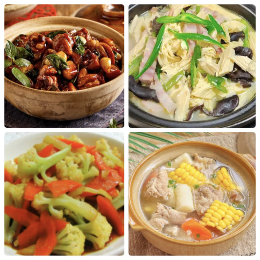 Thursday, August 7th: Original Flavor Food: Three Fresh Bean Curd, Three Cup Chicken, Assorted Cauliflower, Carrot, Corn and Pork Rib Soup