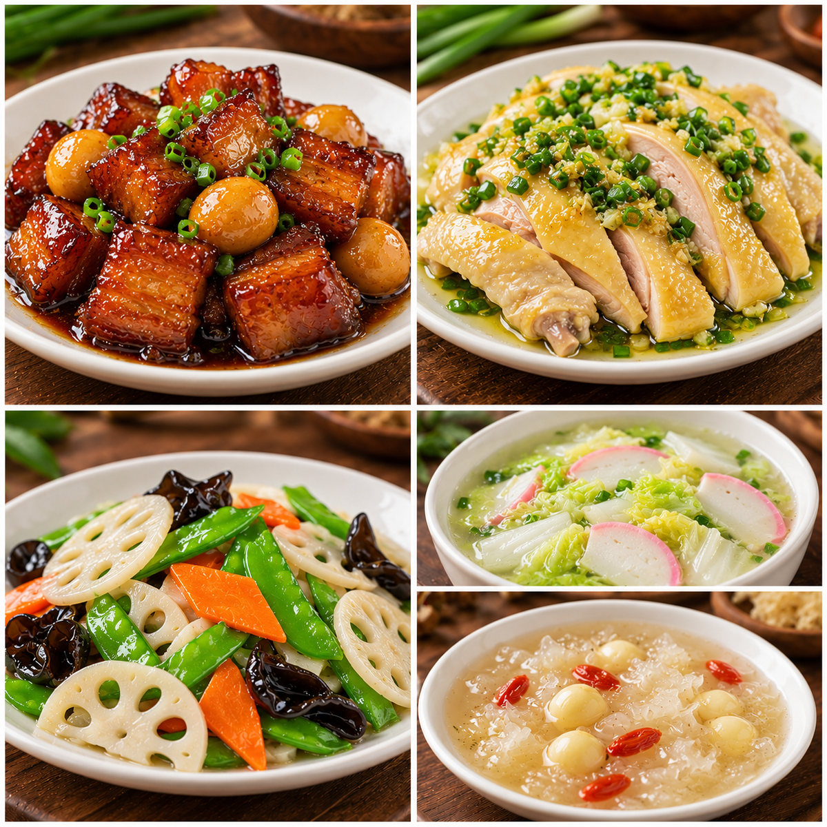 10月26日 周一家乡菜：鹌鹑蛋红烧肉、葱油白切鸡、荷塘小炒、鱼板白菜汤（赠品：银耳莲子羹）