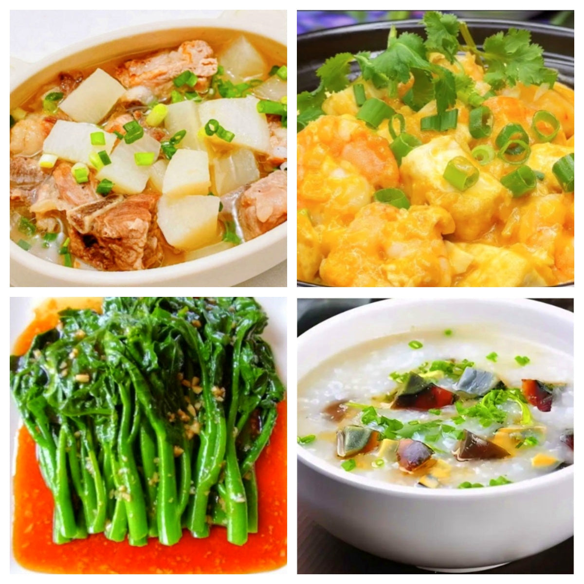 02月21日 周六家乡菜：萝卜排骨煲、蟹粉虾仁豆腐、炒时蔬、皮蛋瘦肉粥