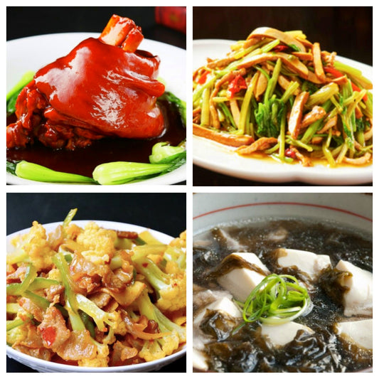 Saturday, August 30th: Braised Pig's Pork with Fried Pork, Celery and Dried Tofu, Stir-fried Cauliflower with Bacon, and Seaweed and Shrimp Soup with Tofu