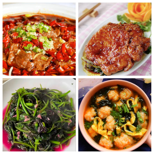 05月27日 周三麻辣鲜香：葱烤大排 水煮牛肉 🌶️	蒜蓉红苋菜 紫菜鸡蛋虾滑汤
