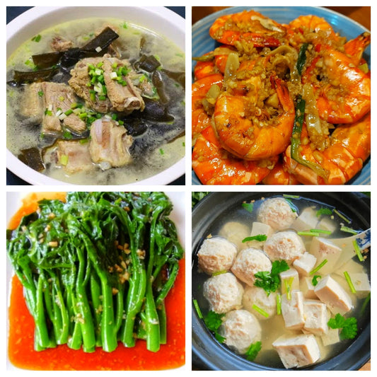 03月28日 周六家乡菜：海带结炖排骨、黄油蒜蓉虾、炒时蔬、嫩豆腐肉丸汤