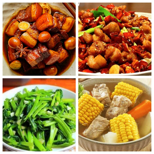 05月18日 周一麻辣鲜香：🌶️辣子鸡、红烧肉鹌鹑蛋、蒜蓉空心菜、玉米排骨汤