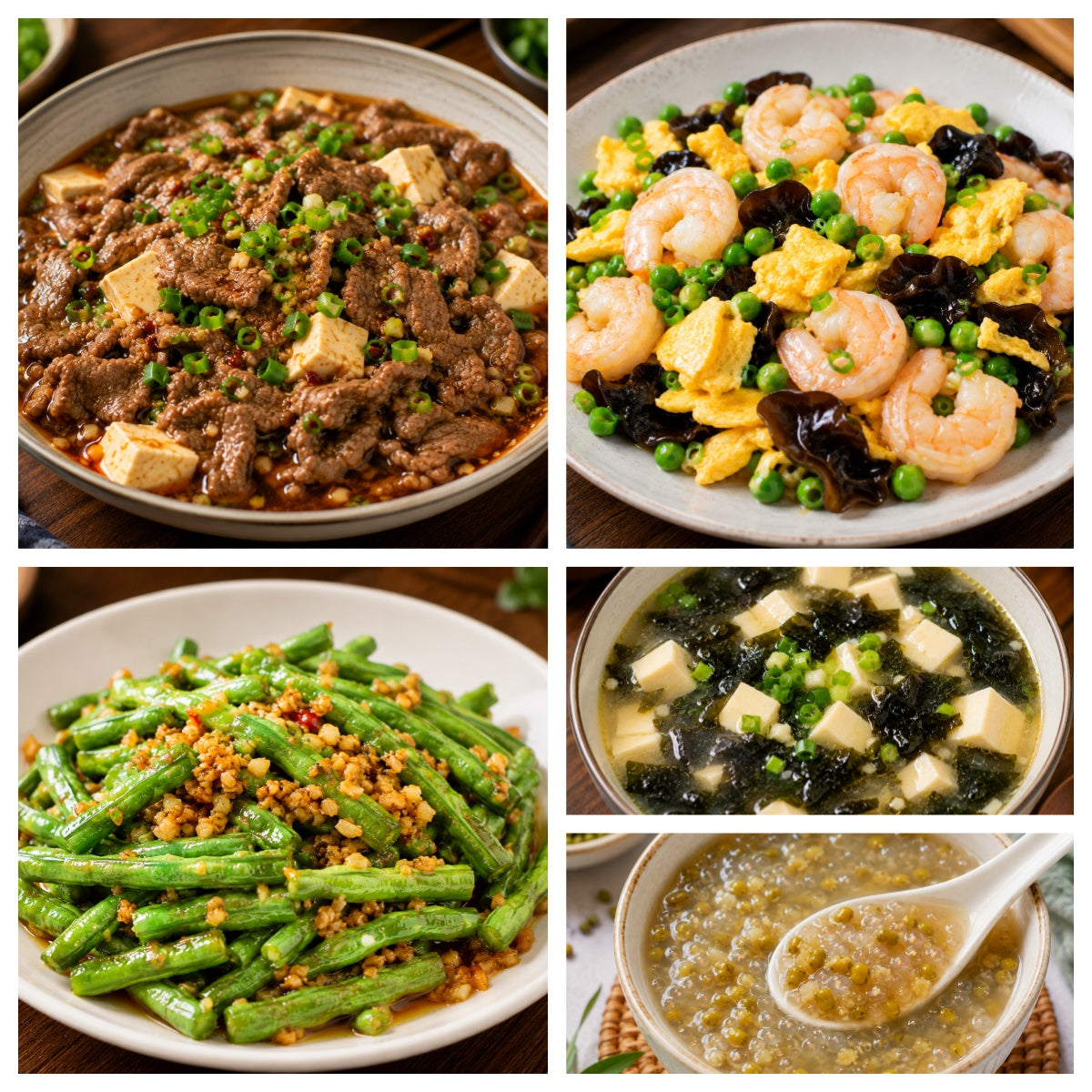 Monday, September 7th: Spicy and Flavorful: Tofu Pudding Beef 🌶️, Tri-color Stir-fried Shrimp, Garlic Green Beans, Seaweed and Egg Drop Tofu Soup (Complimentary: Mung Bean Sago)