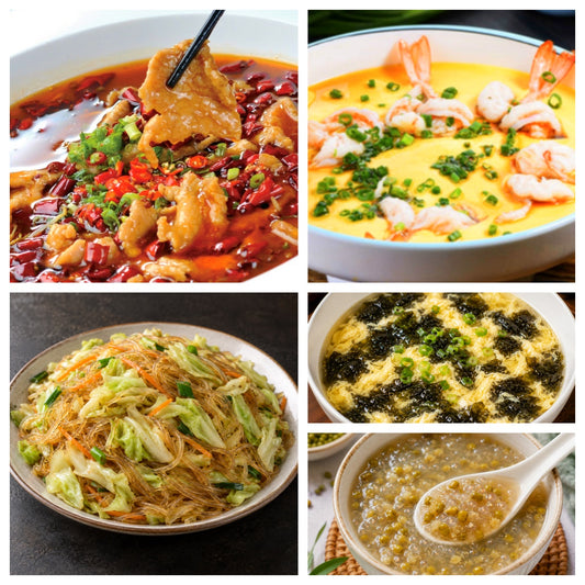 9月21日 周一麻辣鲜香：水煮肉片🌶️、凤尾虾蒸蛋、包心菜炒粉丝、紫菜蛋花汤（赠品：绿豆西米露）