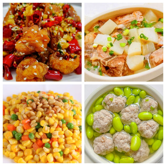 01月12日 周一麻辣鲜香： 🌶️辣子鸡、清汤萝卜排骨煲、松仁玉米（含松仁）、毛豆肉丸汤