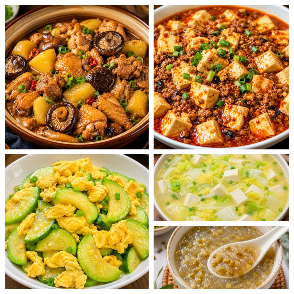 8月24日 周一麻辣鲜香：香菇炖黄毛鸡、麻婆肉末豆腐🌶️、意大利瓜炒鸡蛋、白菜豆腐汤（赠品：绿豆西米露）