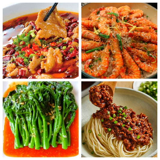 Spicy and Delicious Menu for Monday, December 15th: 🌶️ Boiled Sliced Pork, Salt and Pepper Shrimp, Oyster Sauce Bok Choy, 🌶️ Huaguoshan Fried Noodles with Soybean Paste