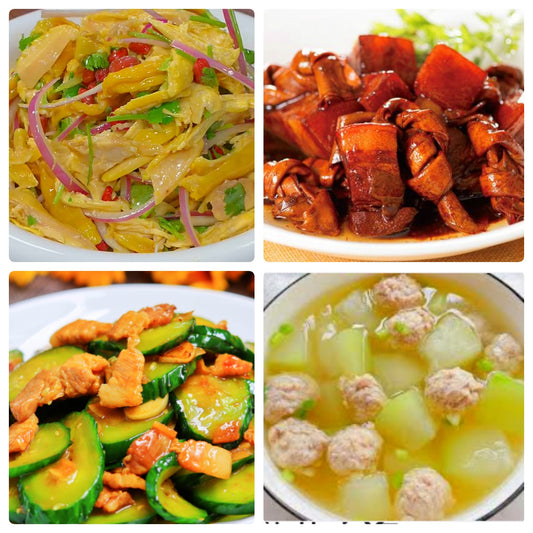 Monday, August 4th: Spicy and Delicious: Shredded Chicken with Sichuan Peppercorns, Braised Pork with Tripe, Stir-fried Pork with Cucumber, Meatball and Winter Melon Soup
