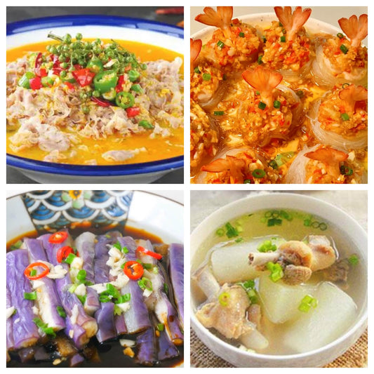 Monday, September 1st: Spicy and Delicious: 🌶️Golden Beef Soup, Garlic Prawns, Shredded Eggplant Salad, Winter Melon, Kelp and Duck Soup